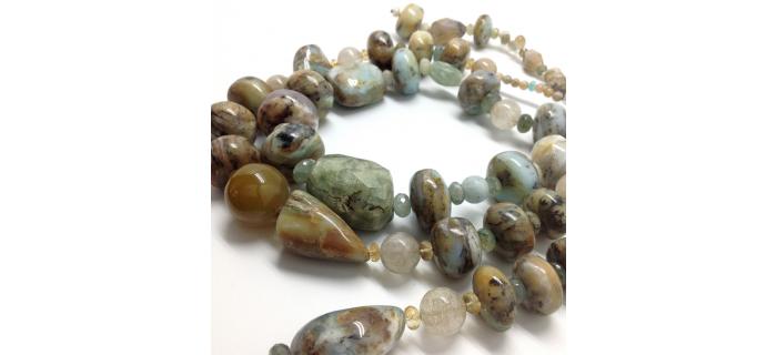 Necklace Unique Piece : Foam Rock - Unique Piece Necklace : Multicolored Common rough Opal, Aquamarine, Rutile Quartz