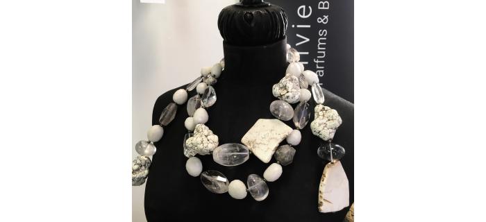 Necklace Unique Piece : White Smoke - White Agate, Quartz, Rock Crystal, Pyrita