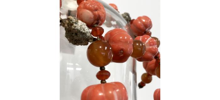 Long Necklace Unique Piece :  "Corail" in Pyrite, cornaline, coral roots