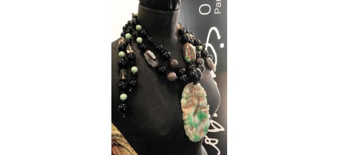 Necklace Unique Piece "China Town" Jadeite, antic turquoise, smoked quartz, quartz, brown agate, black agate