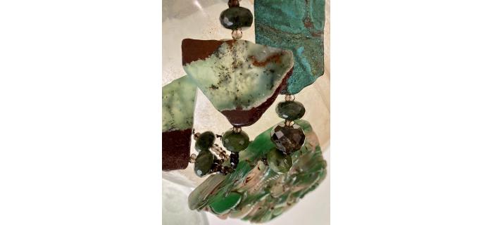Necklace Unique Piece "Green Mood Jade" Jadeite, antic turquoise, smoked quartz, quartz,  agate, chrysocolle, chrizoprase