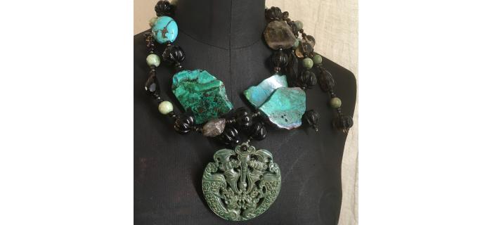 Necklace Unique Piece "Green Light" Jadeite, antic turquoise, smoked quartz, agate, Chrysocolle