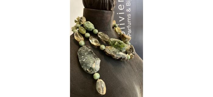 Necklace Unique Piece "Green Light" Prehnite, Quartz Lemon, Serpentine, Jadeite, jaspe