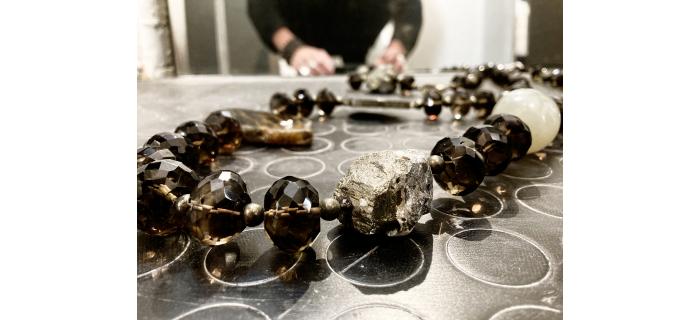 Necklace Unique Piece "Chaman Mood" smoked quartz, quartz,  agate, pyrita