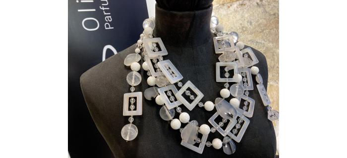 Necklace Unique Piece "Celestian Way" - White agate , grey agate, Rock crystal