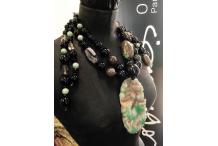 Necklace Unique Piece "China Town" Jadeite, antic turquoise, smoked quartz, quartz, brown agate, black agate