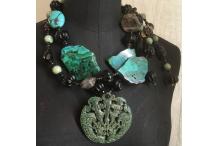 Necklace Unique Piece "Green Light" Jadeite, antic turquoise, smoked quartz, agate, Chrysocolle